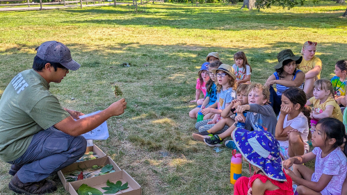 4-H Camp counselor showing leaf types to campers