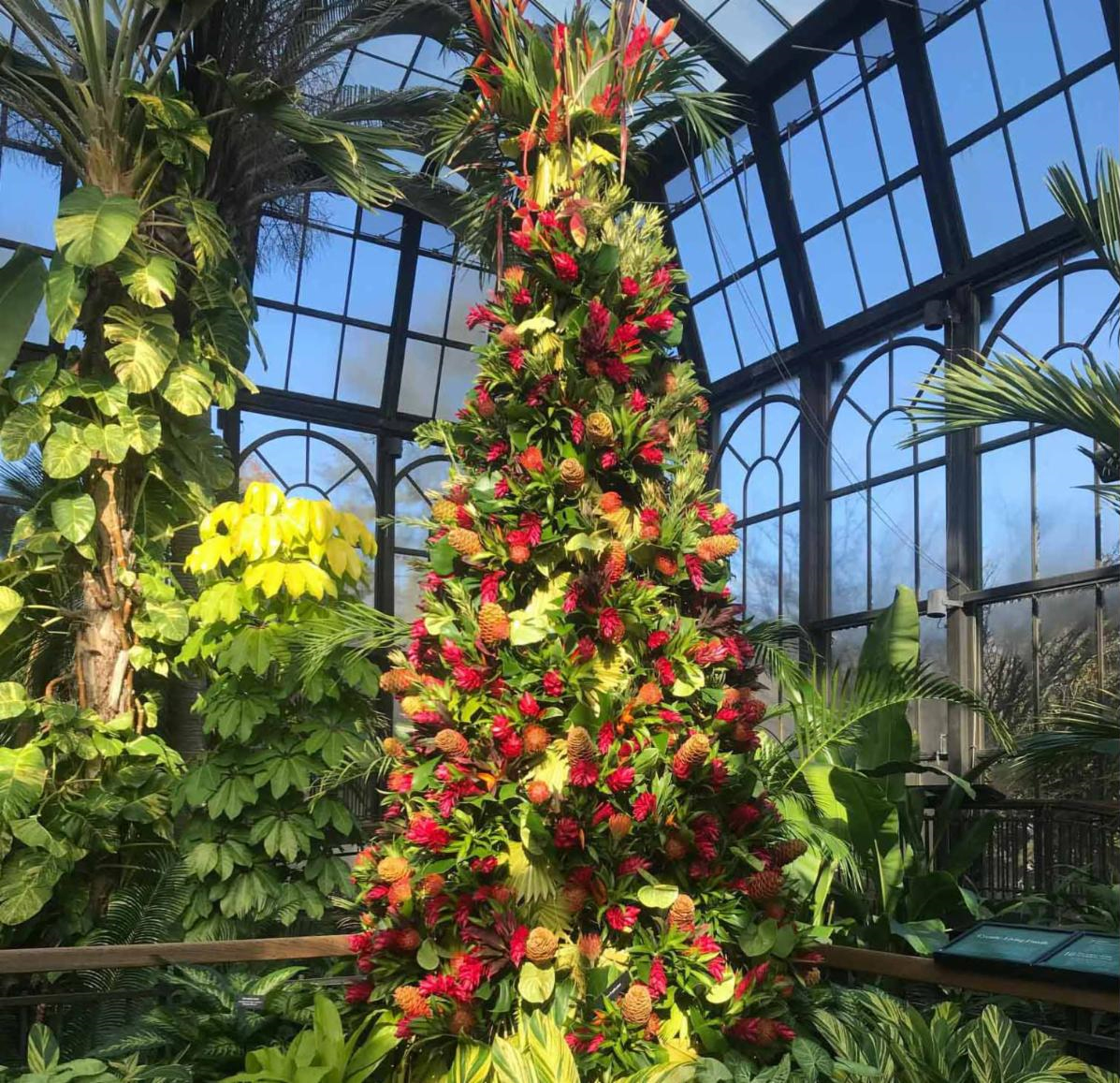stylized tower of tropical foliage and flowers in the shape of a Christmas tree in the conservatory at Longwood Gardens