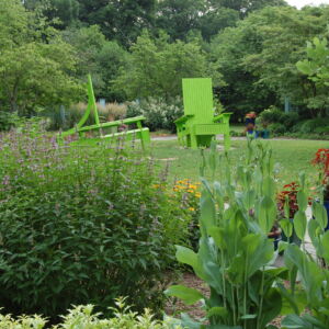 Perhaps most recognized for the iconic oversized green Adirondack chairs in the center, the Otken Memorial Garden features a mixed border of shrubs, perennials, and ornamental grasses, along with walking paths. The chairs add not only a sculptural quality to this peaceful garden, but are also a popular photo spot, delighting children and adults alike. large green adirondack chairs and flowers in a garden